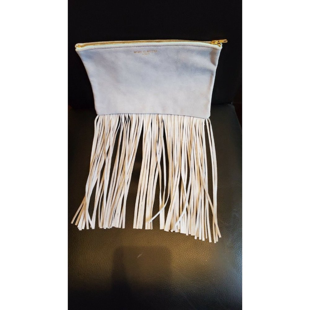 More Is Better Lisbon Leather Long Fringe Light Blue Zipper Accent Gray Clutch